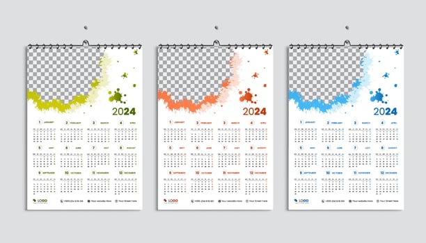 Vegetable Restaurant 2024 Calendar Design Template Green Orange Blue Color Concept Set vector