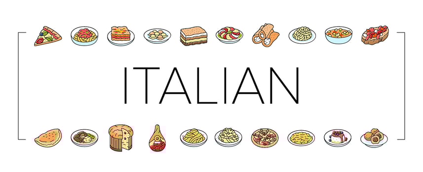 italian cuisine food pasta icons set vector