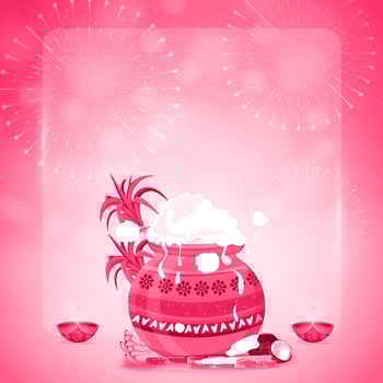 Happy Pongal festival greeting card with rice bowl and fireworks background vector