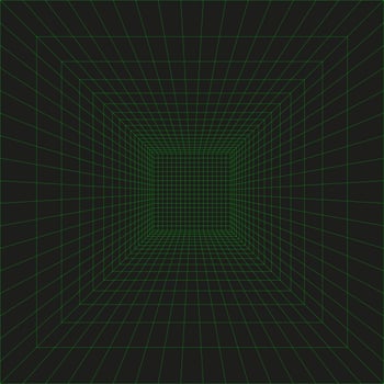 3d wireframe grid room in perspective. Cyberspace with green laser beams or green mesh on a black background. Simple futuristic digital hallway space mockup, template interior square, virtual reality. vector