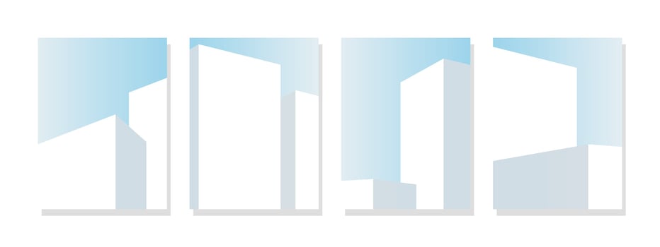 Abstract depiction of geometric buildings in minimalist modern art style. White facade against a bright sky. Bright colors ideal for wall art, posters, banners, cards, and decorations. vector