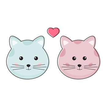 Cute couple of cats, blue and pink cats boy and girl in funny childish kawaii style. Romantic cats in love together. Perfect for Valentines day card, print. vector