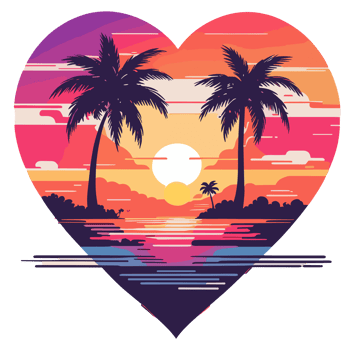 AI generated for summer in the shape of a heart, sunset palm trees and ocean png