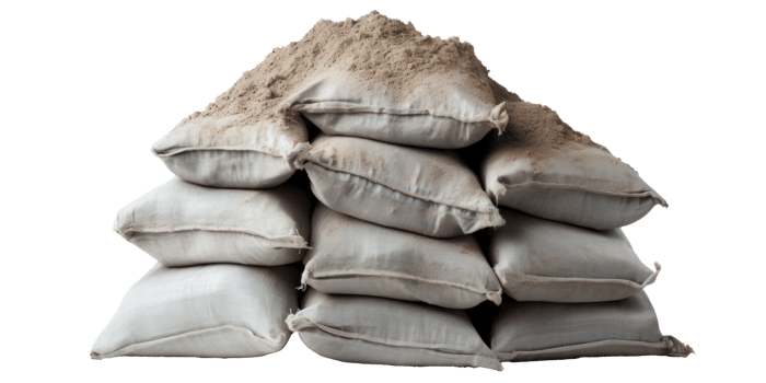 AI generated sandbags sprinkled with sand, png file of isolated cutout object on transparent background