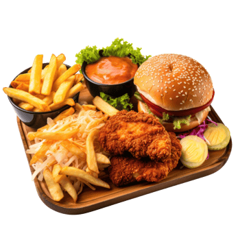 AI generated Street Food Tray with Burgers and Fries png