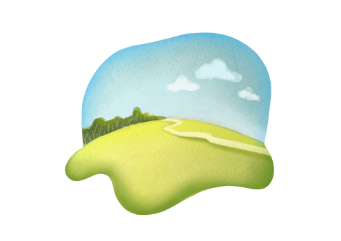 Hand drawn Watercolor cute landscape composition with green spring, summer lawn, meadow, sky, forest silhouette, path. Clear sunny day clip art, cut out poster illustration on transparent background png