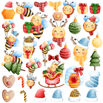 Set of cheerful watercolor happy little bee with christmas ornaments illustration.Cute animal with christmas accessories illustration. png