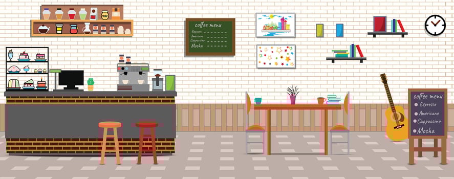Coffee shop.Empty Cafe bar counter for serving coffee with cash box and menu board.sweet desserts,wooden counter, stools,sofas,Vector Coffee Shop and Cafe concept. vector