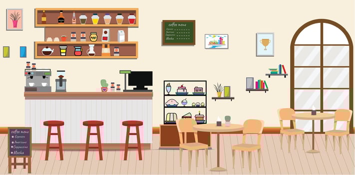Coffee shop.Empty Cafe bar counter for serving coffee with cash box and menu board.sweet desserts,wooden counter, stools,sofas,Vector Coffee Shop and Cafe concept. vector