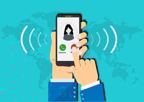 Hand holding smartphone.He is use mobile phone calling with icon.world map,Calling service,contact,technology,Vector communicate and flat design vector. vector