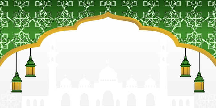 Green Islamic background, with lantern ornament, mandala and mosque silhouette. vector template for banner, greeting card for Islamic holidays, eid al-fitr, ramadan, eid al-adha