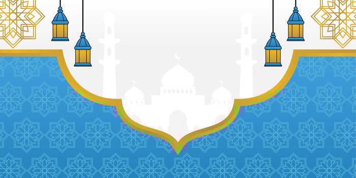 Blue Islamic background, with lantern ornament, mandala and mosque silhouette. vector template for banner, greeting card for Islamic holidays, eid al-fitr, ramadan, eid al-adha