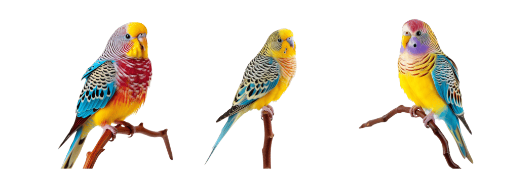 AI generated three colorful parakeets sitting on a branch png