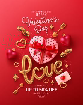 Valentine's day banner template with Heart Shaped Gift Box,golden text Love and golden love 3D Icons.Vector of poster or banner for Valentine's day.Greetings and presents for love concept. vector