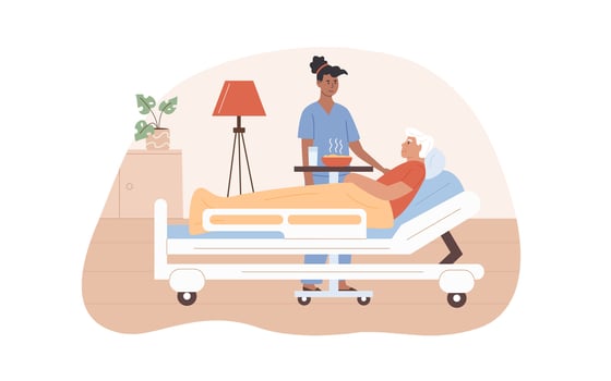 Sick senior woman lying on bed. Female nurse visit patient at old age home. Medical staff working at hospital interior. Home care services for elderly people. Residential care facility. Vector. vector