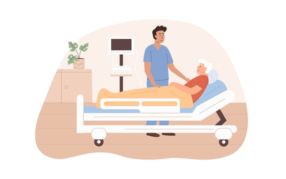 Sick senior woman lying on bed. Female nurse visit patient at old age home. Medical staff working at hospital interior. Home care services for elderly people. Residential care facility. Vector. vector