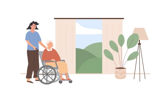 Residential care facility. Social worker taking care of disabled elderly person on wheelchair. Old age woman living in senior house. Home care services for retired people. Vector flat illustration.