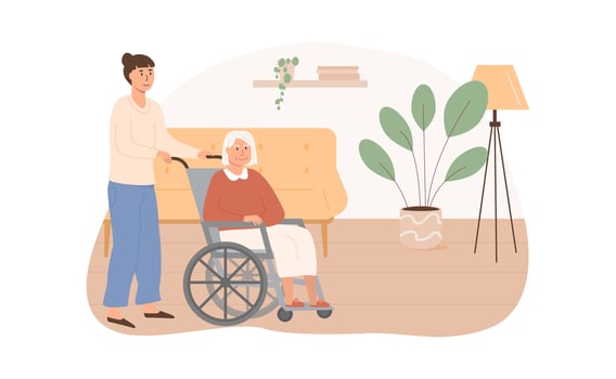 Residential care facility. Social worker taking care of disabled elderly person on wheelchair. Old age woman living in senior house. Home care services for retired people. Vector flat illustration.
