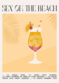 Sex On The Beach Tropical Cocktail garnished with orange and cherry. Classic alcoholic beverage recipe wall art print. Summer aperitif poster. Minimalist alcoholic drink placard. Vector illustration.