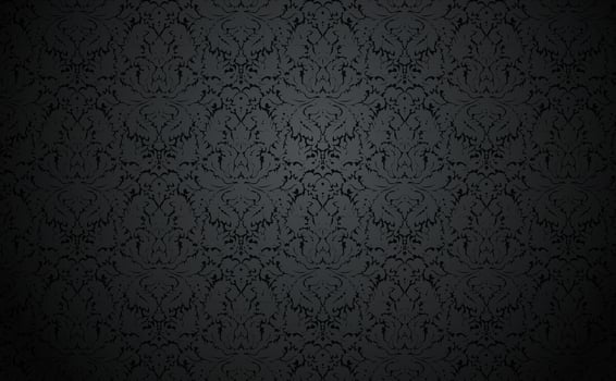 Vector dark damask wallpaper design. Vintage wallpaper pattern with gray floral elements on black. . Elegant luxury texture with pale  subtle tones.
