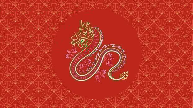 Chinese New Year background vector . Chinese neon dragon, fan, Lunar New Year holiday decoration vector. Oriental culture tradition illustration.