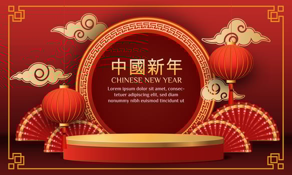 Chinese New Year sale 2024 3d background with lantern, red and gold flower, cloud for banner, greeting card. Chinese Translation Chinese New Year vector