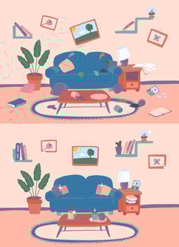 Cartoon Color Room Before and After Cleaning Interior Concept. Vector