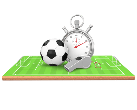 3D Rendering Soccer Ball, Whistle And Stopwatch On Soccer Field Side View png