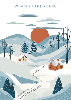 winter landscape background with mountain,tree.Editable vector illustration for postcard,a4 vertical size