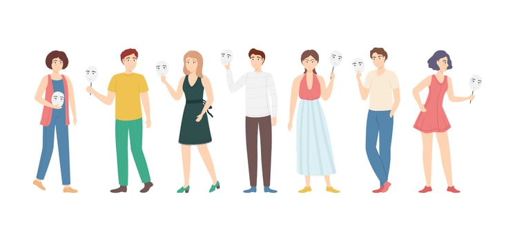 Cartoon Color Characters People Covering Their Faces Masks Concept Set. Vector