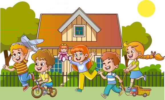Children Playing in the Yard of Their House Cartoon Style Vector Illustration