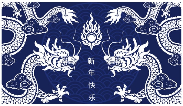 Happy chinese new year 2024 the dragon zodiac sign with flower,lantern,asian elements white and blue paper cut style on color background. vector