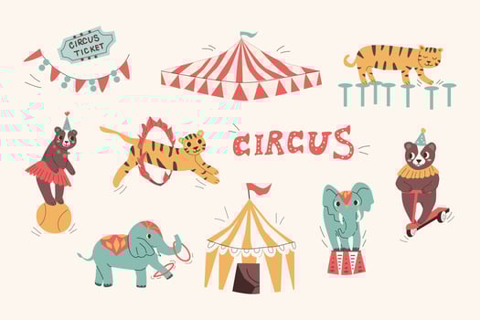 cute circus baby animals and tents - big set. Vector illustration with elephant with rings, on a drum. Bear on ball and bike. Usable for perfomance, banner, invitation. Retro design.