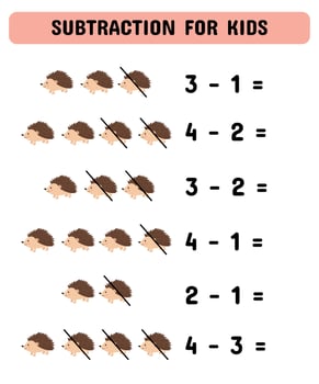 Subtraction game with cute hedgehogs. Educational math game for preschoolers kindergarten.Matching game. vector