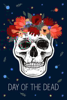 Day of the Dead card. Hand drawn skull in a wreath of flowers and handwritten inscription. Modern flat vector illustration.