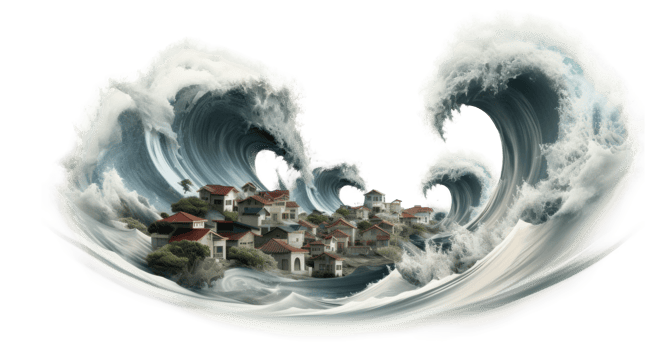 AI generated Powerful Cyclone Engulfing Coastal Town Scene png
