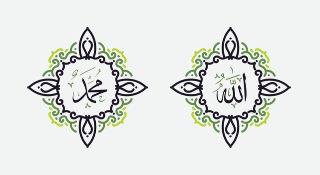 Translate this text from Arabic language to in English is Muhammad, Allah.  so it means God in muslim. Set two of islamic wall art. Allah and Muhammad wall decor. Minimalist Muslim wallpaper. vector