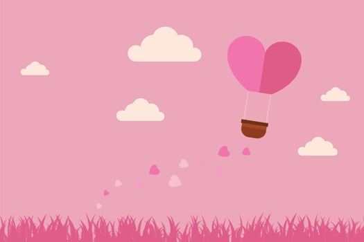 illustration of love and Valentine's Day, hot air balloon flies over the grass with heart floating on the sky. paper art and digital craft style. vector