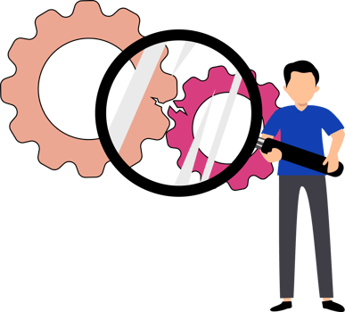 man holding magnifying and gear or analyzing problem solving concept png