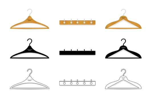 Realistic clothes wooden hanger or hook wall vector design template, clipart or mock up for advertising