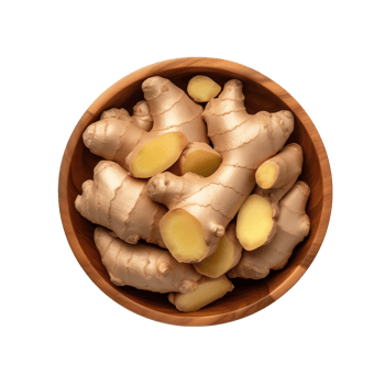 AI generated Ginger root in wooden bowl isolated on transparent background png