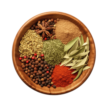 AI generated Spices and herbs in wooden bowl isolated on transparent background png