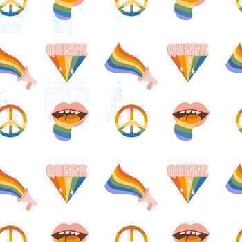 Seamless pattern with rainbow colored groovy word love in heart shape. Retro 60s 70s background with LGBT symbols. Contemporary minimalist design for LGBTQ pride month and gay parade. Vector. vector