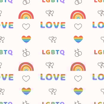 Seamless pattern with same sex signs. LGBT marriage. Outline icons. Trendy rainbow colored heart. Background with elements for queer community. Pride day. Gay parade. Flat style Illustration. vector