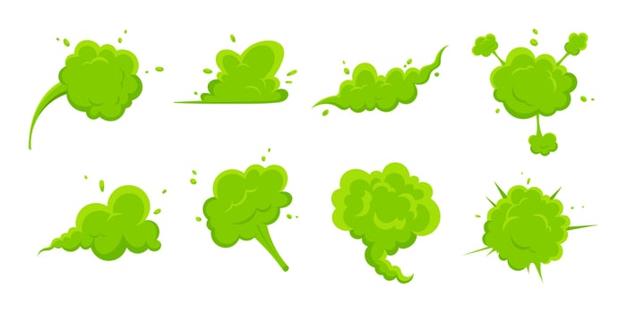Smelling green cartoon smoke or fart clouds flat style design vector illustration set. Bad stink or toxic aroma cartoon smoke cloud isolated on white background.
