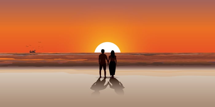 Couple of lover hand holding at the beach with sunset background vector illustration. Journey of sweetheart concept flat design.