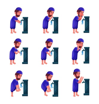Boy character design collection muslim pray wudhu movement vector