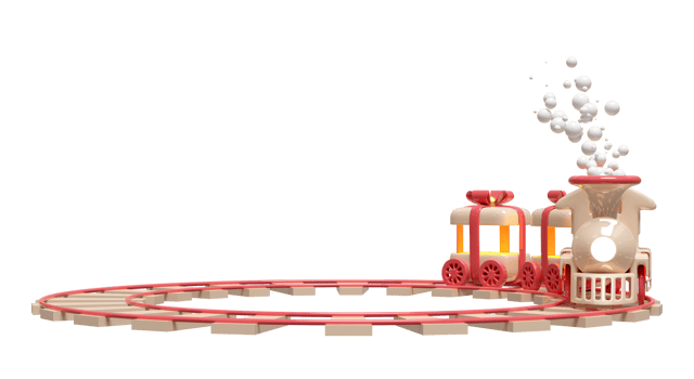 3d locomotive steam cartoon with smoke, wagons shaped like a gift box,  railroad tracks, train transport toy, happy new year. 3d render illustration png
