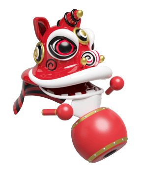 3d lion dance head with chinese drum, sticks for festive chinese new year holiday. 3d render illustration png