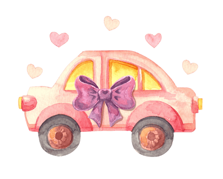 Valentine pink car with bow and decorated hearts. Watercolor for wedding, valentine's day and romantic evening. Hand drawn illustration isolated on transparent background png